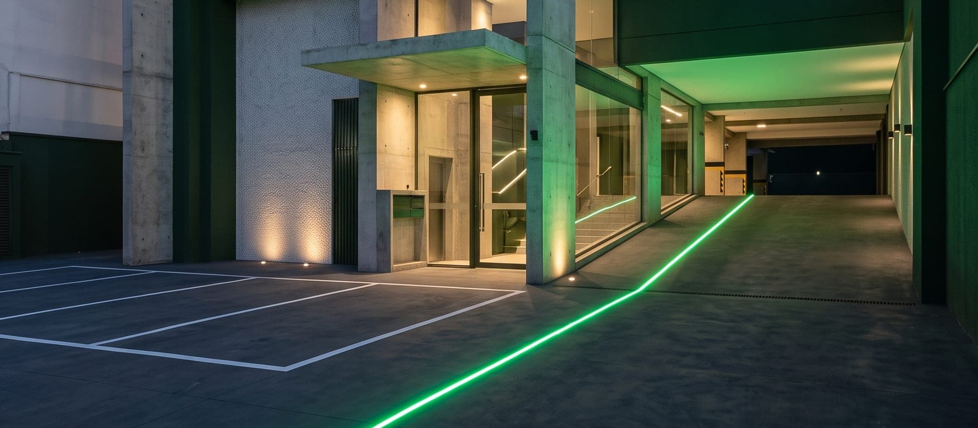 Base de um edifício residencial de concreto ao anoitecer, com uma faixa de luz verde no piso conduzindo à entrada da garagem coberta.
