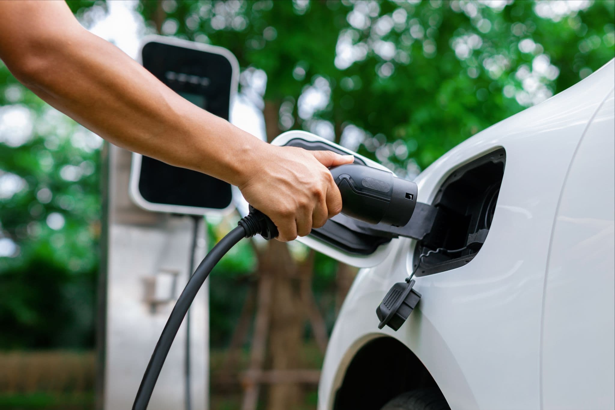 Mão conectando o cabo de recarga na entrada de um carro elétrico branco ao ar livre; ao fundo, desfocados, um carregador e árvores verdes.
