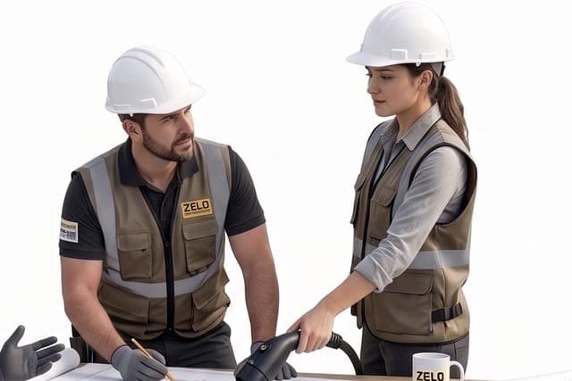 Dois instaladores de capacete e colete, com o plugue de recarga em mãos, conferem o projeto do posto sobre a mesa.